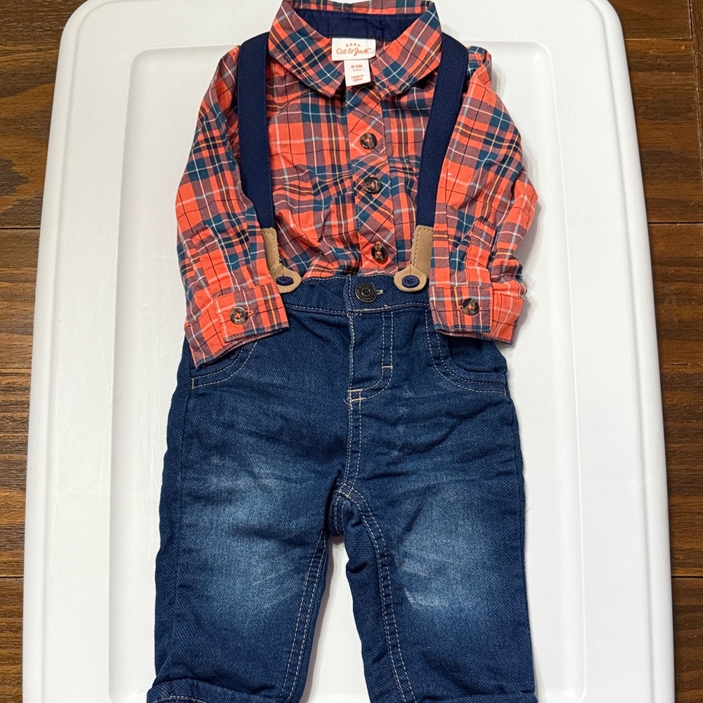 Cat & Jack Orange Plaid Shirt with Blue Jeans